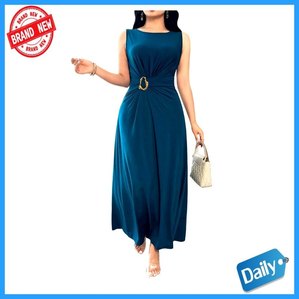 Fitted Waist Maxi Dress Elegant Sleeveless Flowy Cocktail Party Evening Gown